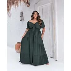 1 Vestido DUNA Feminino Longo Plus Size Liso Gola V