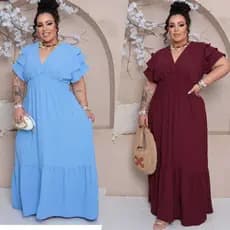 #  Vestido Longo Plus SIze Babado Soltinho Tecido Duna Tres Marias Com Manga Fresquinho Leve