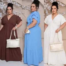 #   Vestido Longo Plus Size Feminino  DUNA Liso  Manga Flair Com Babado Linha Pemium