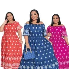 Vestido Feminina Longo Plus Size Ombro A Ombro Moda Evangélica Estampado