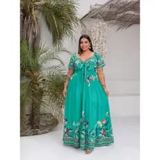 1 Vestido Plus Size Longo Com Manga e Decote v 50 ao 56 Tendencia Feminina