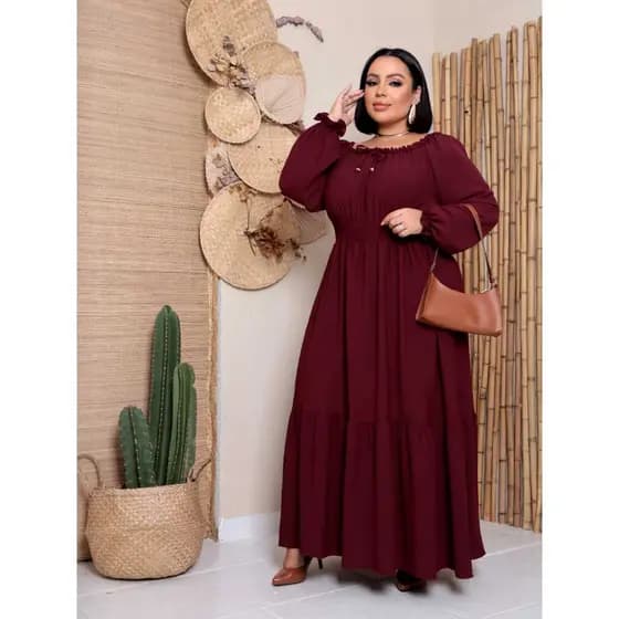 Vestido Plus Size Cigana Duna Liso – Ombro a Ombro com Lastex | Moda Evangélica G1 G2 G3