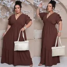# Vestido Feminina Longo Plus Size Decote V Babado Na Saya 3  Marias Com Manga Tendência Verão