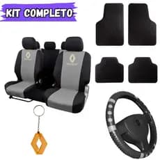Kit Capas de Banco Couro+Tapete+Volante Carro Reno Renault Duster Clio Logan Sandero Symbol Fluence