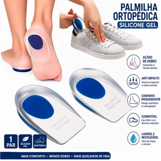 KIT PAR PALMILHA ORTOPÉDICA SILICONE GEL ANTI IMPACTO MASSAGEADORA CONFORTO