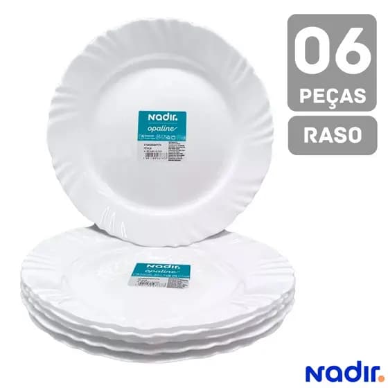 Prato Raso Opaline Pétala Branco 6 Peças Resistente em Vidro Temperado