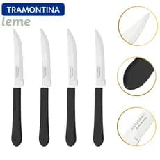 Kit Faca de Mesa Churrasco 4 6 12 peças Tramontina Leme Lamina Inox Cabo Polietileno Preto