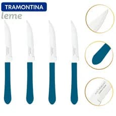 Kit Faca de Mesa Churrasco 4 6 12 peças Tramontina Leme Lamina Inox Cabo Polietileno Azul