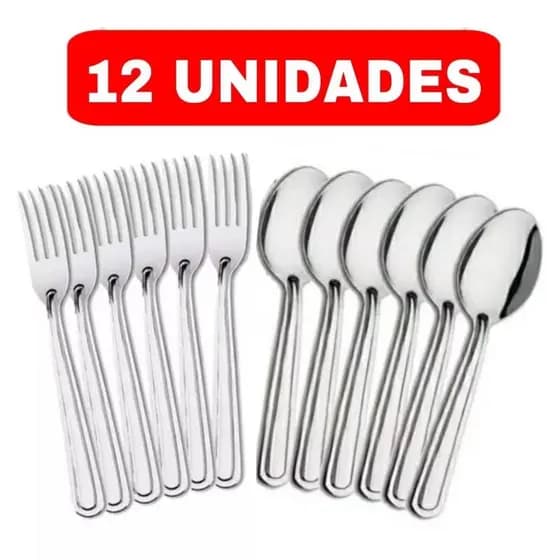Kit C/12 Colher + Garfo Talher Aço Inox Grande Luxo Sopa Bar Restaurante Buffet Faqueiro