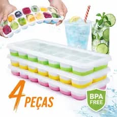 Kit 4 Formas de Gelo Silicone 14 Cubos com Tampa Rígida Fundo Flexível Desenforma Fácil Freezer