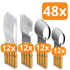 Conjunto 48 Peças Jogo de Talheres Faca Colher de Sobremesa Garfo Colher Inox Em Cabo Plástico Bambu