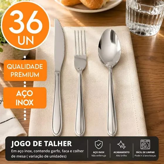 Jogo de Talheres 36 Peças Inox 12 Facas c/ Serra 12 Garfos 12 Colheres de Sopa Mesa Jogo de Talher