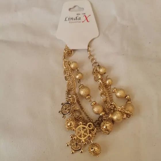 ⚓✨ Pulseira Dourada Luxo Pingentes Náuticos Correntes Esferas Texturizadas Elegante Moderno Destaque Delicadez P126028-7