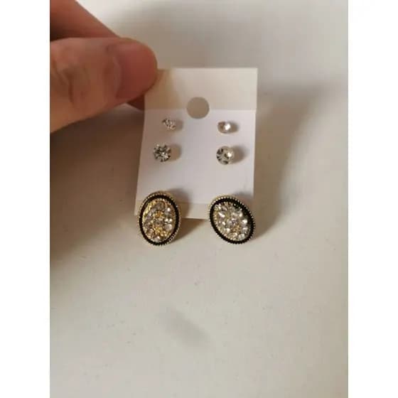 🖤✨ KIT 3 PARES Brincos Ponto de Luz Oval Strass Luxo Clássico Preto Dourado Combina Tudo Ótimo para Presente B23600070-2
