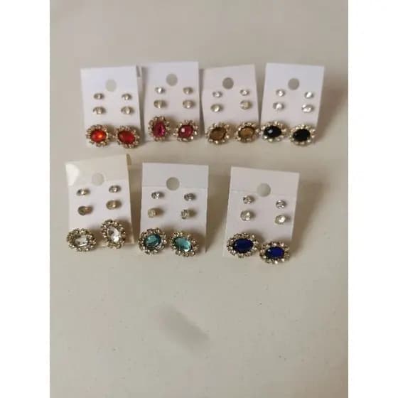 💎 KIT 3 PARES Brincos Ponto de Luz + Oval com Borda de Strass Dourado Luxo Clássico Cores da Pedra B23600070-17 Dourada