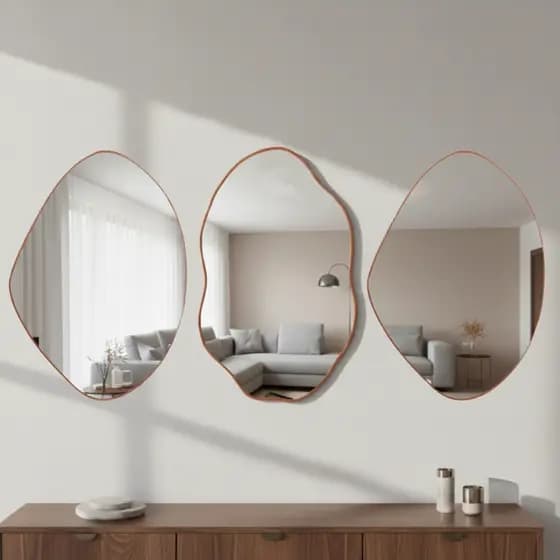 Kit 3 Espelhos Orgânicos Decorativos com Moldura em Couro Caramelo – Moldura Caramelo Para Sala Hall