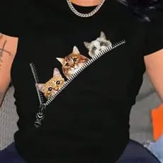 Camiseta De Manga Curta Com Estampa De Gato Camisa 100% Algodão Blusa Premium Confortavel
