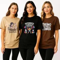 Kit 3 Camisetas de Treino Academia Feminina Estampada Algodão Blusa Conjunto Fitness