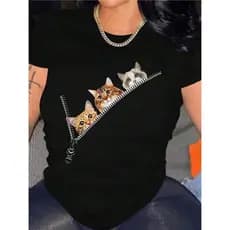 Camiseta De Manga Curta Com Estampa De Gato Para Mulheres Camisa 100% Algodão Premium Confortavel