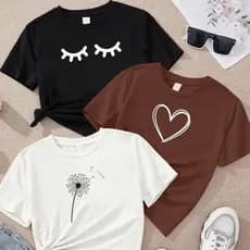 Blusa feminina kit de 3 camisetas OLHOS CORAÇAO FLOR estampa colegial algodão preto marrom e off