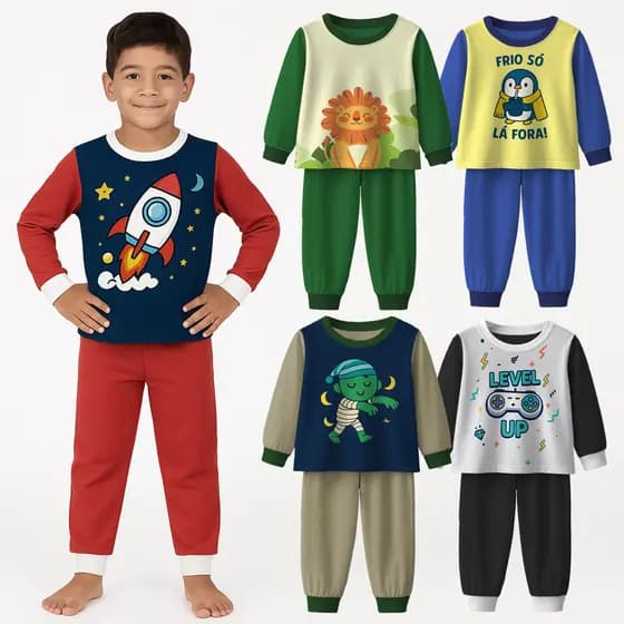Kit 6 Peças Pijama Infantil Menino Inverno – 3 Conjuntos (3 Blusas + 3 Calças) – Tamanhos 1 a 10 Anos