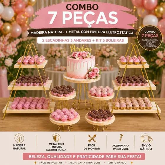 Combo 7 Peças Suporte Lembrançinhas 2 Escadinha 3 Andares + Kit 5 Boleira e Doceiras Festa Decoração