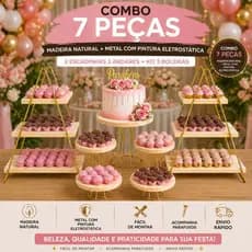 Combo 7 Peças Suporte Lembrançinhas 2 Escadinha 3 Andares + Kit 5 Boleira e Doceiras Festa Decoração