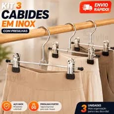 Kit 3 Cabide Cromado Com Presilhas Calcas Saia ou Bermuda Roupas Arara