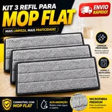Kit 3 Refil Mop Flat Rodo Lava Seca Limpeza Microfibra Esfregão
