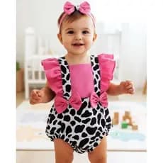 Romper Fazendinha Vaquinha Tapa Fralda Macacão Jardineira Temático Carnaval Bebê Rosa