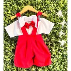 Conjunto Infantil Suspensório Bermuda Social Festa Vermelho Menino Luxo