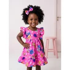 Vestido Temático com Laço do Bolofofos Rosa Leve Festa Aniversário Menina Luxo Confortável