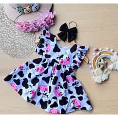 Vestido Infantil Vaquinha Fazendinha Estampado Temático, Leve e Confortável, Festa e Passeio