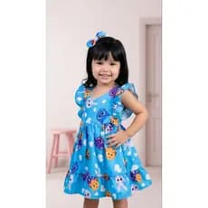 Vestido Infantil com Laço Presilha Azul Meninas 1 a 3 Anos Bolofofos Azul Festa Luxo Leve Luxo