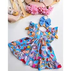 Vestido Infantil Temática Menina Personagens Fofos Rodado Festa Verão Azul