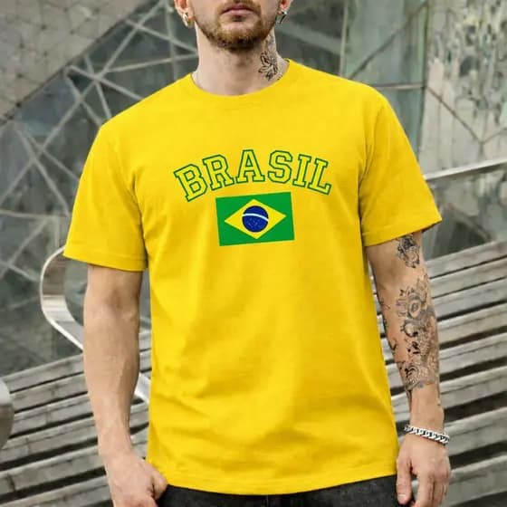 Camiseta Brasil Bandeira Masculina Algodão Copa do Mundo Seleção Casual Retro