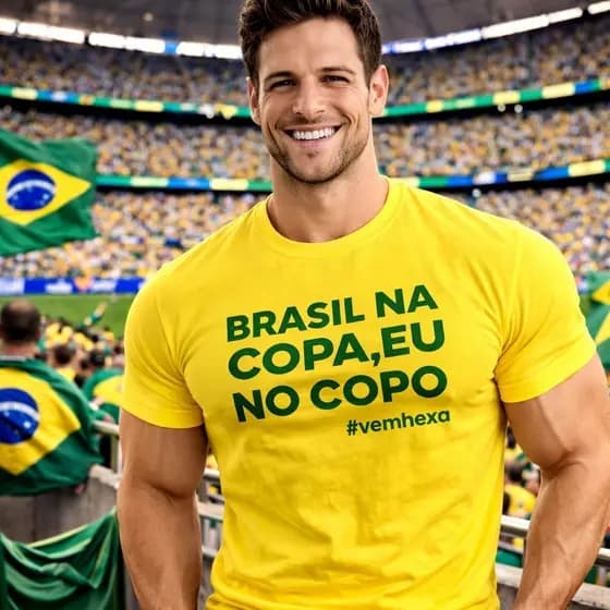 Camiseta Brasil na Copa Eu no Copo Vem Hexa Masculina 100% Algodão Estampada Torcida