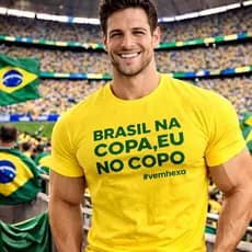 Camiseta Brasil na Copa Eu no Copo Vem Hexa Masculina 100% Algodão Estampada Torcida
