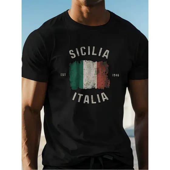 Camiseta Sicilia  Estampa Vintage Com Bandeira Da Itália
