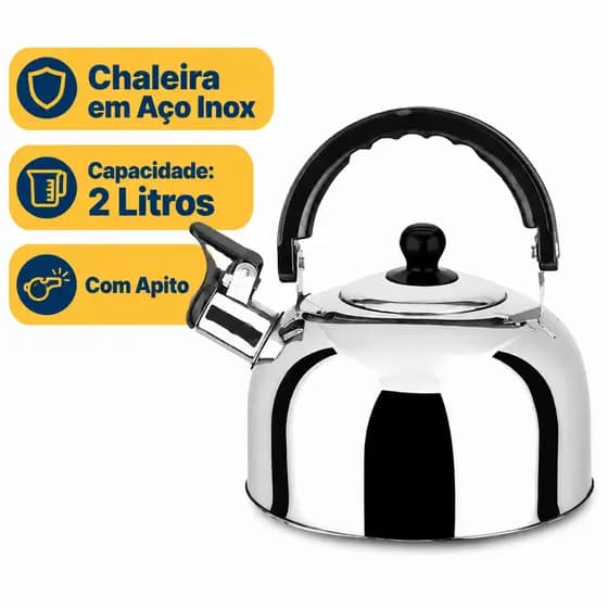 Chaleira Inox 2 Litros Com Apito Para Fogão Gás e Indução