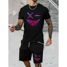 Camiseta Masculina Streetwear smile neon com short T-shirt Kit Shorts Camisa Style