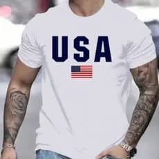 Camiseta Masculina 100% Algodão Bandeira Americana USA Camisa Premium Gola Redonda Reforço Ombro A Ombro
