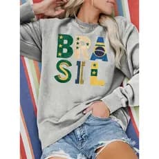 Moletom Careca Feminino Estampa Letras Brasil Copa do Mundo Estilo Esportivo Para Todas As Estações
