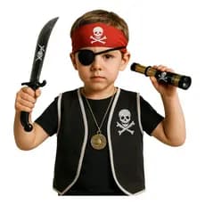 Fantasia menino infantil acessorios pirata ( colete + bandana + espada + luneta + colar + tampão olho )