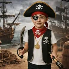 fantasia menino infantil pirata ( Chapéu + colete + bandana + espada + luneta + colar + tampão olho )