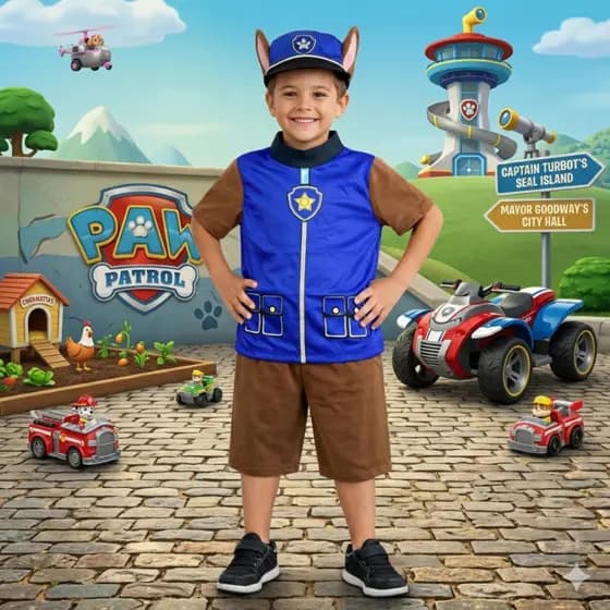 Fantasia menino Infantil Chase Patrulha Canina Conjunto Completo chápeu, blusa, bermuda
