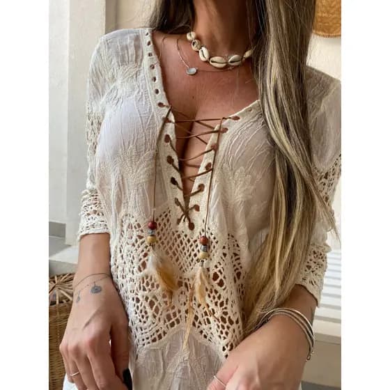 Moda Praia Feminina Chemise /Saida de Praia Chic Boho Elegante /Vestido Renda Bata  2814