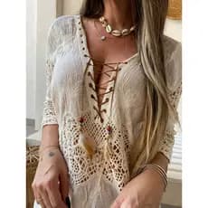 Moda Praia Feminina Chemise /Saida de Praia Chic Boho Elegante /Vestido Renda Bata  2814