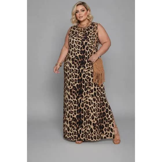 Regata CAmisão Vestido Plus Size Longo Estampado Confortavel Elegante Chic Casual Moderno Fenda 2744