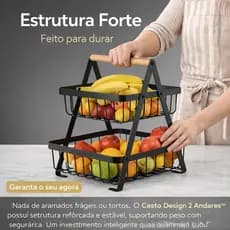 Fruteira Metalica Organizador 2 Andares Com Alca Madeira Versatil Cozinha Sala